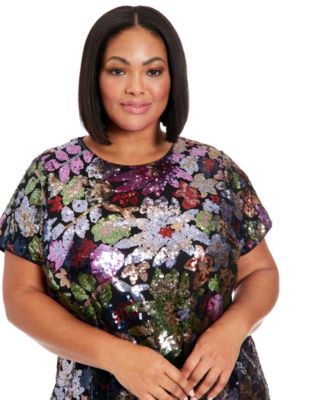 London Times Plus Size Floral-Sequin Round-Neck T-Shirt Dress Macy's