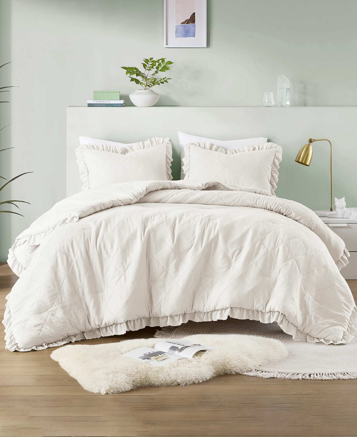 510 Design Phoebe Diamond Quilted Ruffle Edge 3-pc. Comforter Set, King/california King In Ivory