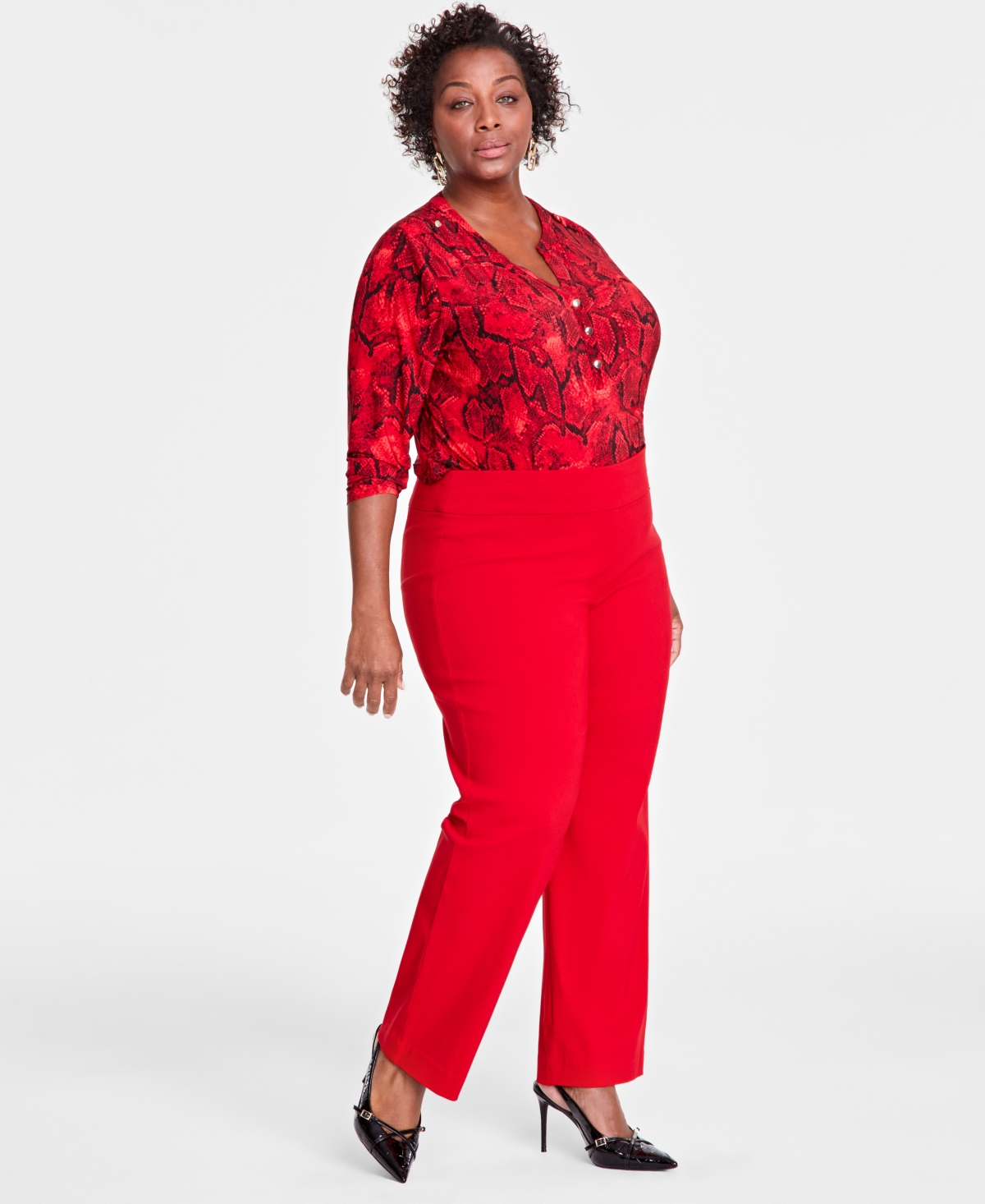 Plus Size Mid-Rise Pull-On Straight-Leg Pants, Created for Macy's - Red Zenith