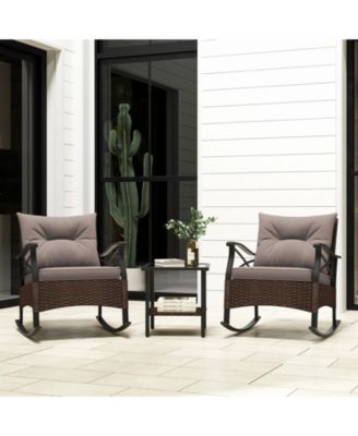 3 Pieces Outdoor Rattan Rocking Chairs Set with  2-Tier Side Table