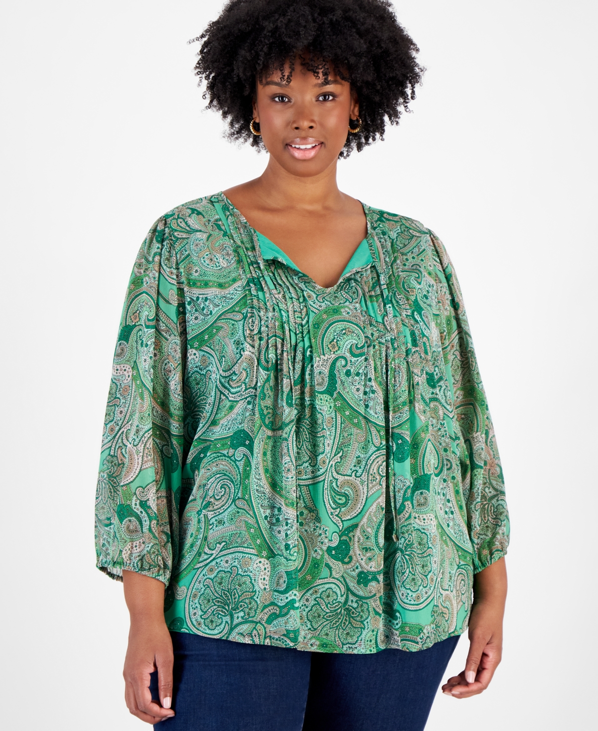 TOMMY HILFIGER PLUS SIZE PINTUCKED PAISLEY-PRINT TOP 