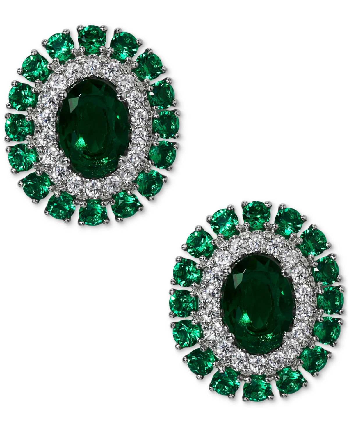 Silver-Tone Cubic Zirconia Double Halo Button Earrings - Rhodium