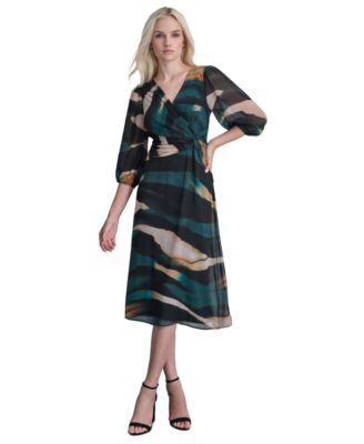 DKNY - Women's Printed Balloon-Sleeve Side-Twist Dress