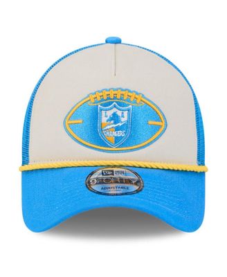 Men's Stone/Powder Blue Los Angeles Chargers 2024 Sideline Historic 9FORTY A-Frame Trucker Adjustable Hat