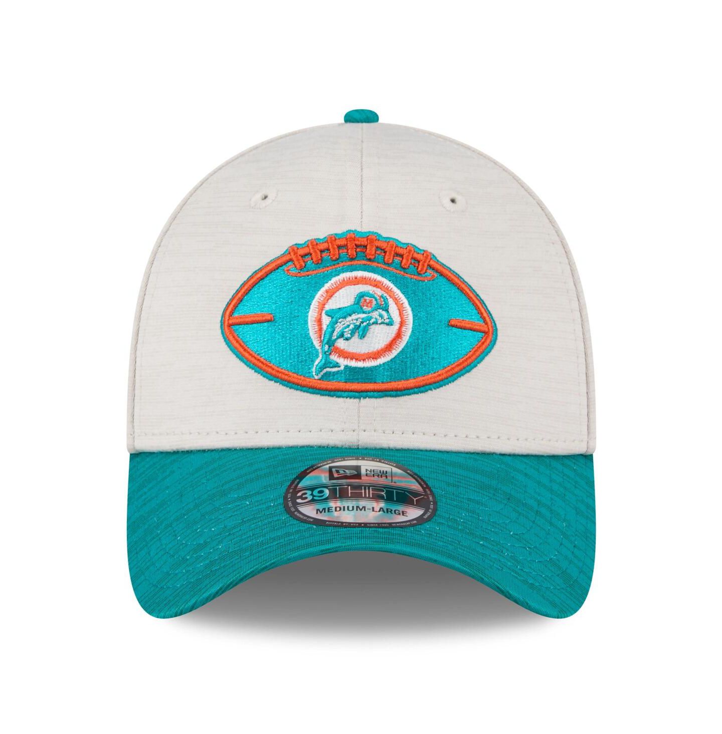Мужская кепка New Era Stone/Aqua Miami Dolphins 2024 Sideline Historic 39THIRTY Flex Hat — фото 4