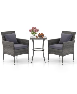 3 Pieces Patio Furniture Set with Cushioned Patio Chairs and Tempered Glass Coffee Table-Gray