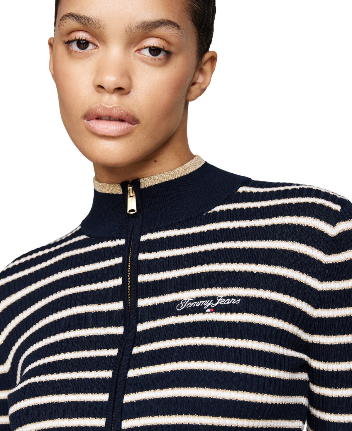 Tommy Jeans Women's Metallic Tipped Zip-Front Sweater -/ STRIPE