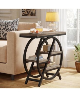 Wood End Table Set of 2, 3-Tier Narrow Sofa Side Table with Storage, Industrial Nightstand and Bedside Table