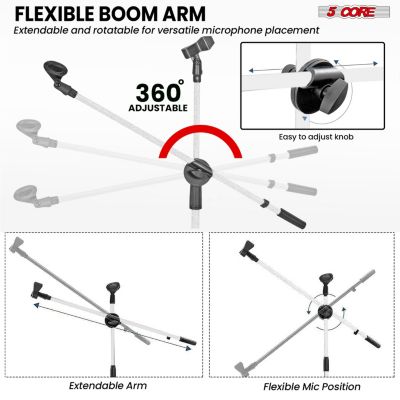 Mic Stand Collapsible Height Adjustable 31 to 59” Dual Metal Microphone Tripod Stand w Boom Arm Stand Para Microfono for Singing, Karaoke, Stage and Outdoor Activities White - MS DBL G WH