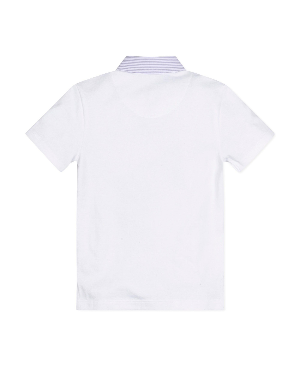Hope & Henry Boys Organic Short Sleeve Jersey Polo with Seersucker Trim - White with lavender trim