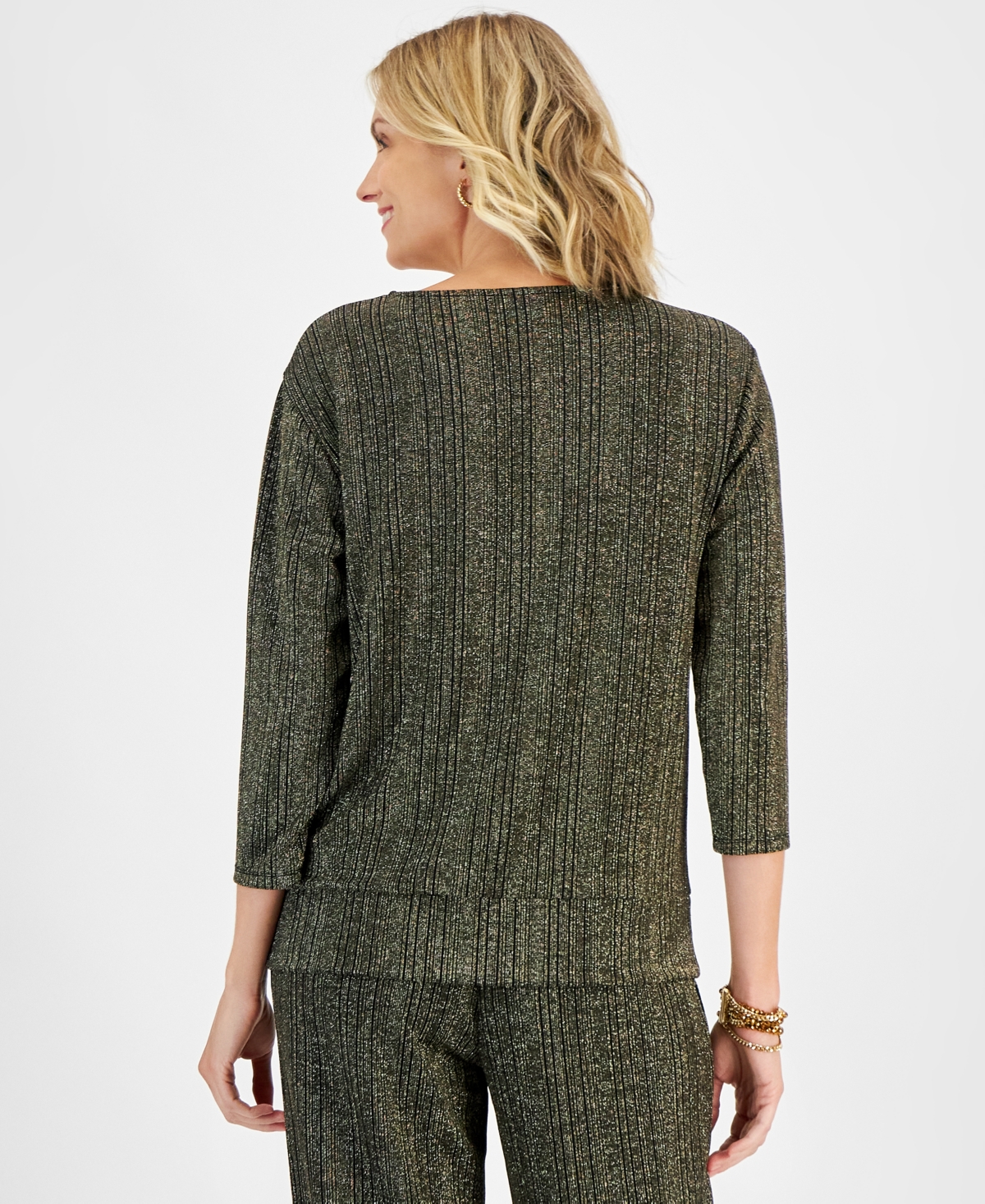 Jm Collection Women's Metallic Stripe Twist-Front V-Neck Top, Created for Macy's