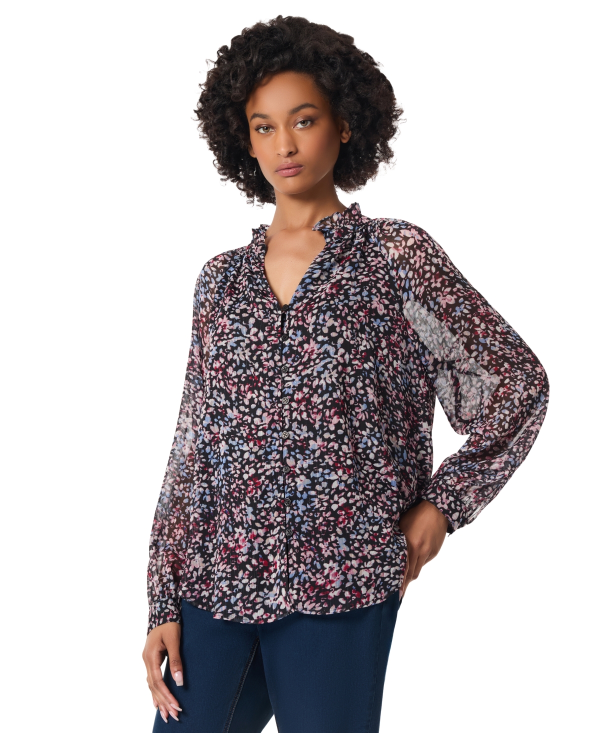 Jones New York Petite Floral-Print Raglan-Sleeve Peasant Blouse