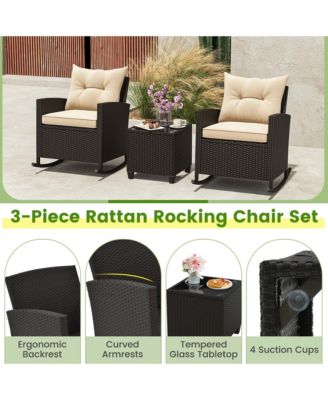 3 PCS Patio Wicker Rocking Set with Tempered Glass Table & Soft Cushions Outdoor