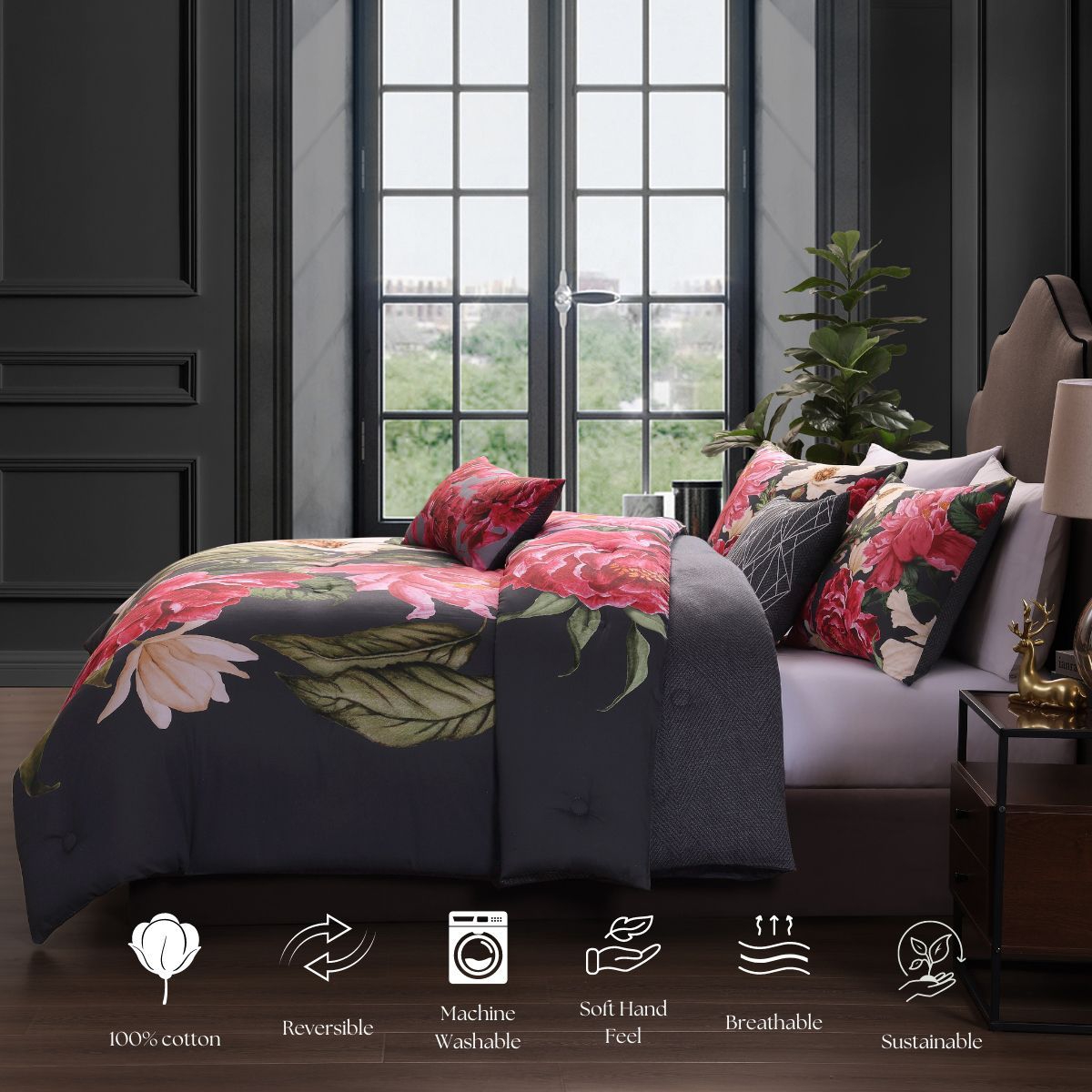 Bebejan Flower Garland Bedding 100% Cotton 5 Piece King Size Reversible Comforter Set