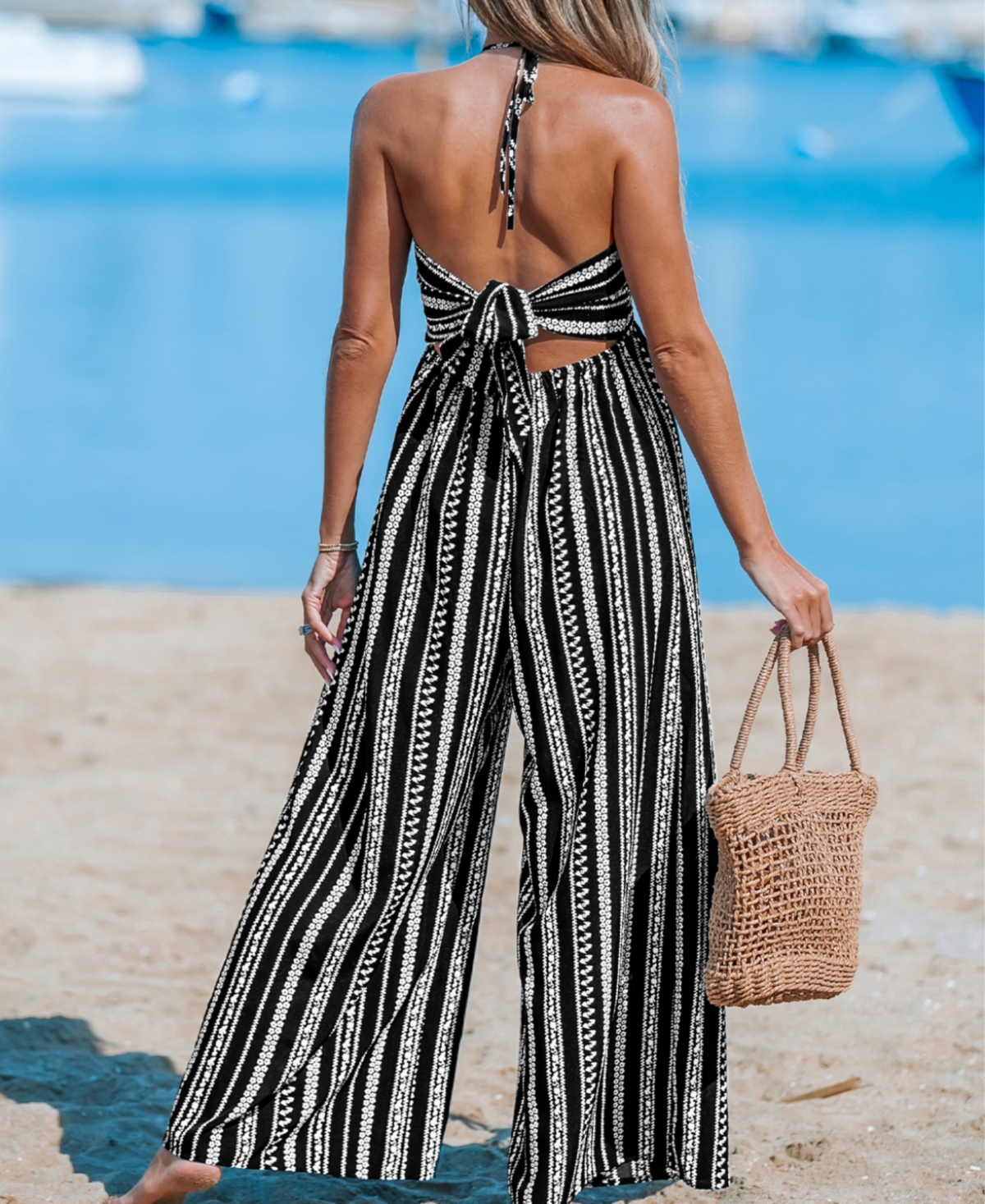 Cupshe Women'sand-White Halterneck Straight Leg Jumpsuit - Black