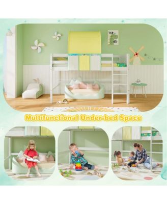 Twin Loft Bed with Tower & Tent 3 Storage Pockets Safety Guardrail and Ladder