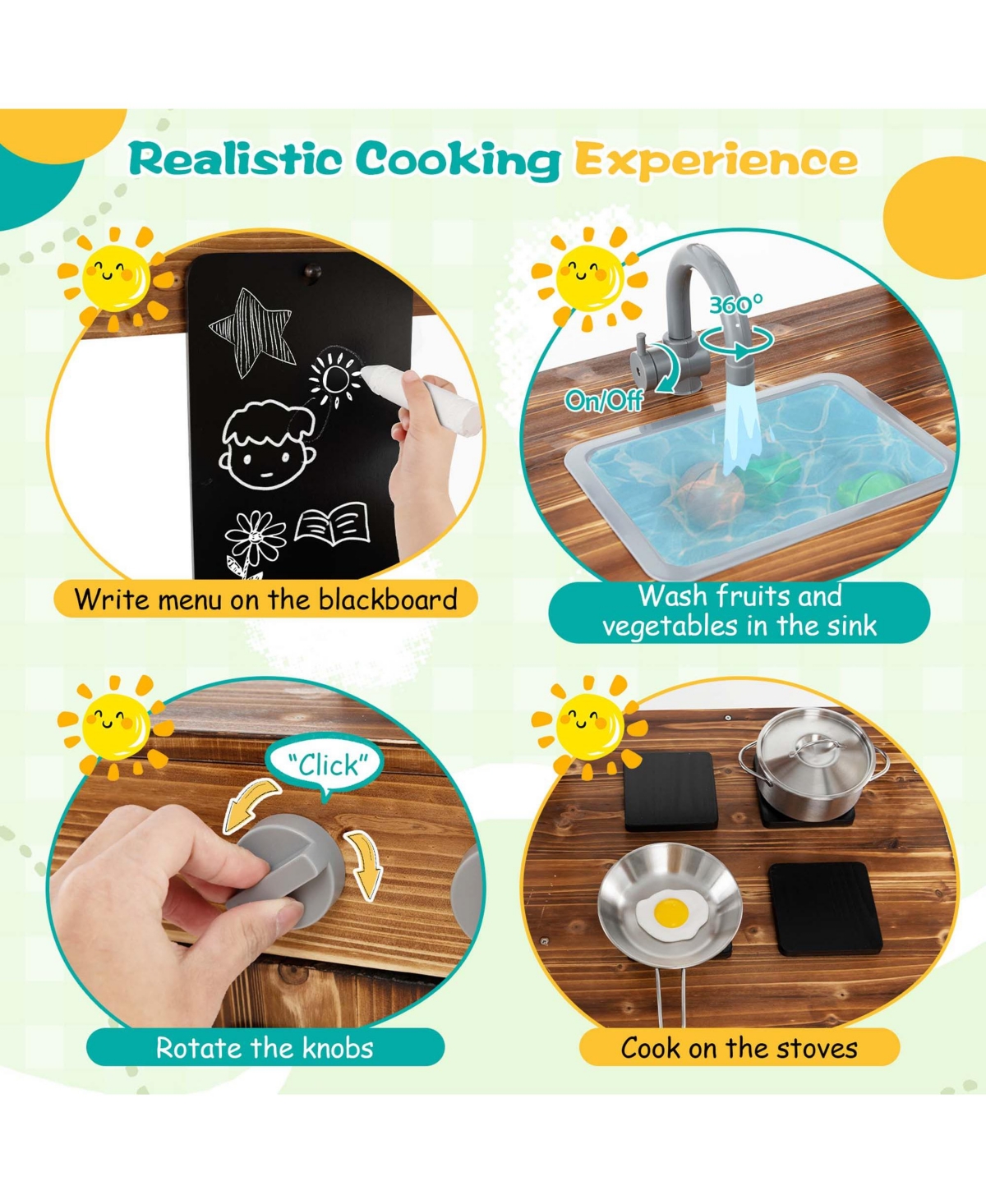 Costway Wooden Mud Kitchen with Chalkboard, Stoves, Removable Sink & Accessories