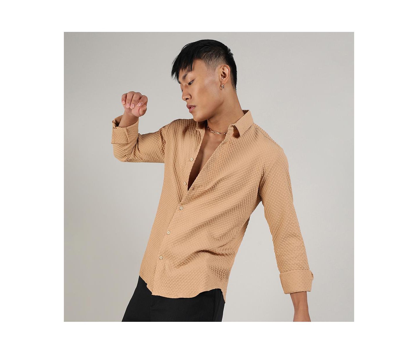 Мужская рубашка Cahoot Campus Sutra Beige Textured Micro Buffalo Check, цвет: Бежевый / Хаки — фото 1