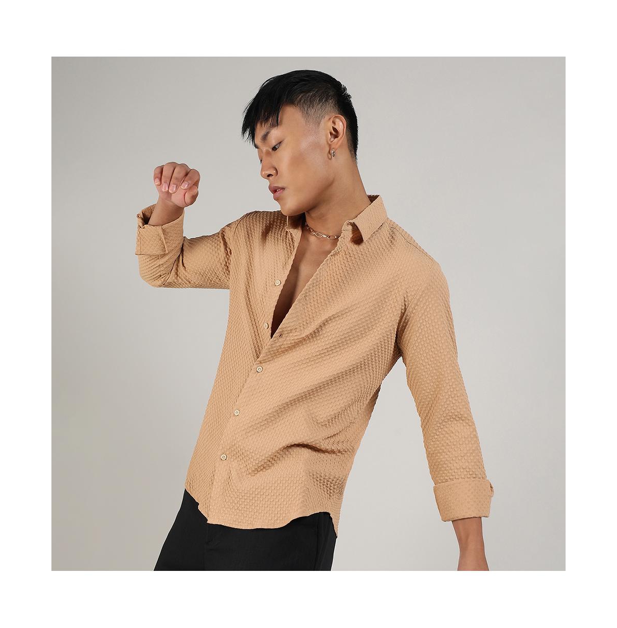 Men's Beige Textured Micro Buffalo Check Shirt - Beige/khaki