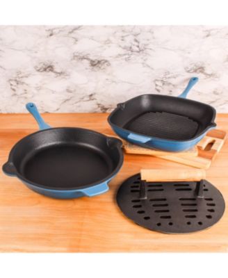 Neo 3pc Cast Iron Fry Pan & Grill Pan Set with Slotted Steak Press