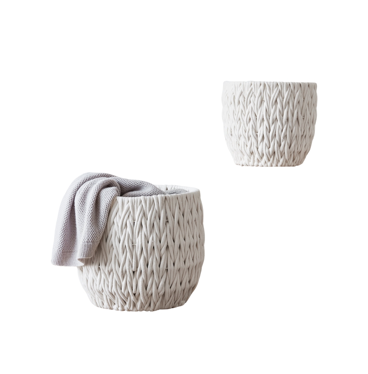S/2 V-Weave Round Baskets, White - White