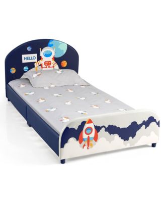 Kids Upholstered Platform Bed Children Twin Size Wooden Bed Astronaut Pattern