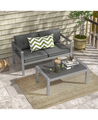 Patio Aluminum Loveseat Sofa Outdoor Chair with WPC Armrests & Cushions Backyard