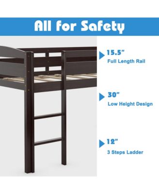 Twin Size Loft Bed Wooden Slats Support Loft Bed Frame w/ Ladder & Guardrails Espresso