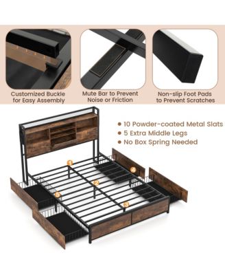 Queen Size Bed Frame w/ Bookcase Headboard & 4 Storage Drawers Vintage Brown