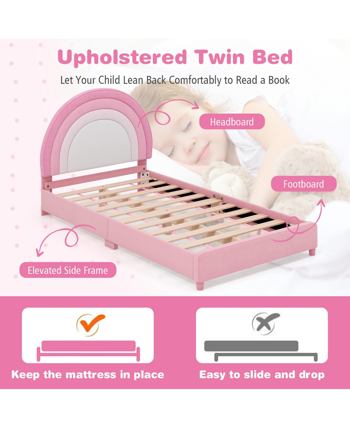 Gymax Kids Twin Platform Frame Upholstered Twin w/ Wooden Slats Support Blue - Pink+natural