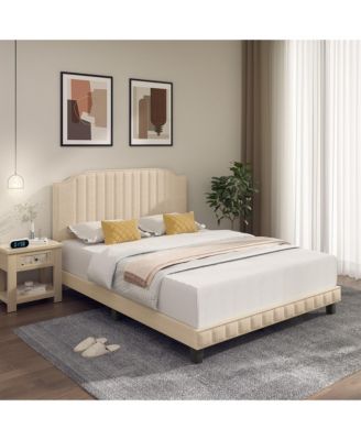 Queen Upholstered Bed Frame with linen fabric vertical lines Rivets headboard