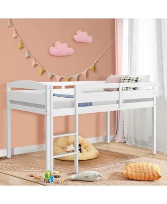 Twin Size Loft Bed Wooden Slats Support Loft Bed Frame w/ Ladder and Guardrails Espresso