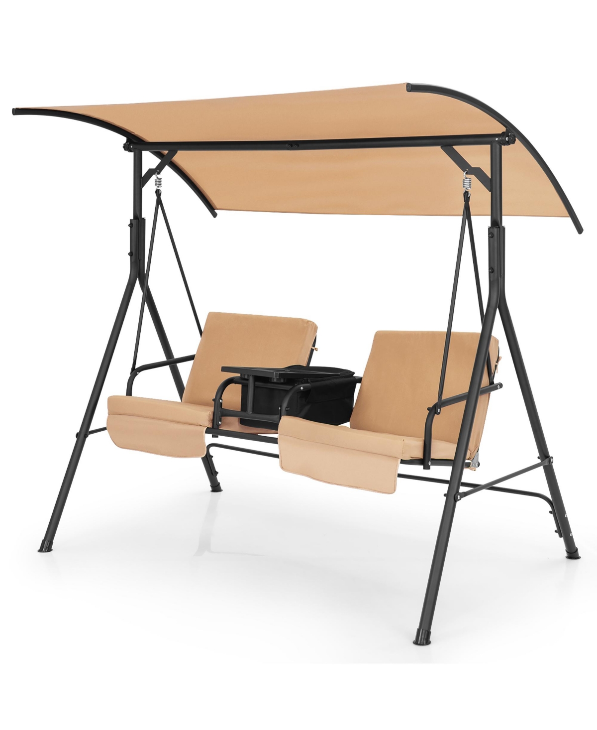 Costway 2-Person Canopy Porch Swing Padded Chair Cooler Bag Rotatable Tray- Beige