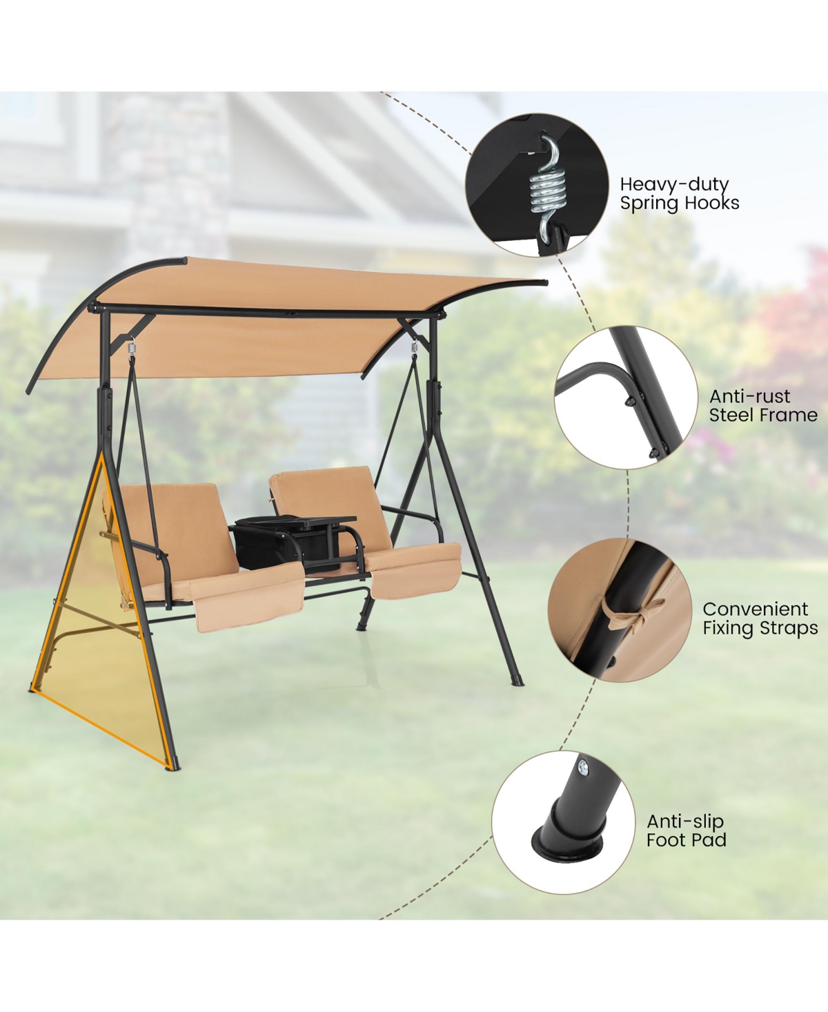 Costway 2-Person Canopy Porch Swing Padded Chair Cooler Bag Rotatable Tray- Beige