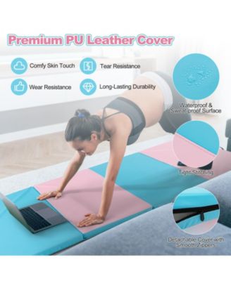 Folding Gymnastics Mat with Carry Handles and Sweatproof Detachable PU Leather Cover-Blue