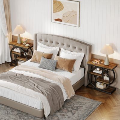 End Table Set of 2, 4-Tier Narrow Side Table with Storage Shelves, Wood Small Sofa Side Table, Industrial Bedside Table, Rustic Brown