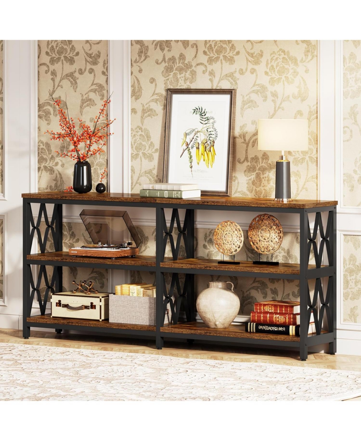 Tribesigns Long Console Table with Storage Shelves, Industrial 3-Tier Sofa Table for Living Room, Foyer Table Entryway Table for Hallway, Front
