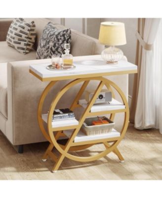 End Table, 3-Tier Faux Marble Side Table with Storage, Wood Narrow Sofa Side Table, Modern Nightstand and Bedside Table, Gold & White