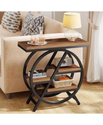End Table Set of 2, 3-Tier Narrow Sofa Side Table with Storage for Living Room, Wood End Table with Geometric Metal Frame, Industrial Nightstand and Bedside Table for Bedroom