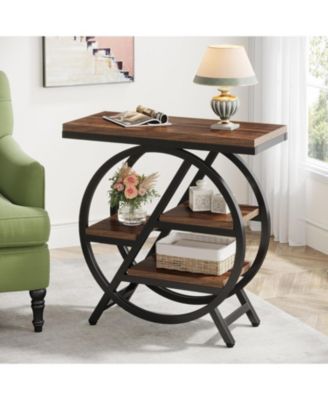 End Table Set of 2, 3-Tier Narrow Sofa Side Table with Storage for Living Room, Wood End Table with Geometric Metal Frame, Industrial Nightstand and Bedside Table for Bedroom