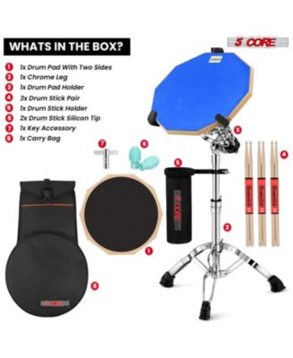 Drum Practice Pad Set 12" Adjustable Snare Drumming Stand Double Sided Silent Drummer Kit