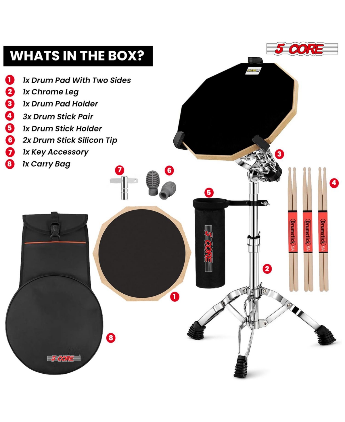 5 Core Drum Practice Pad Set Adjustable Snare Drumming Stand Double Sided Silent Drummer Kit -- Black
