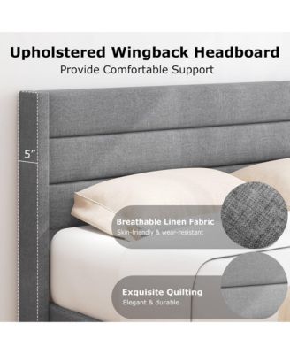 Queen Bed Frame with Wingback Headboard Linen Upholstered Platform Bed