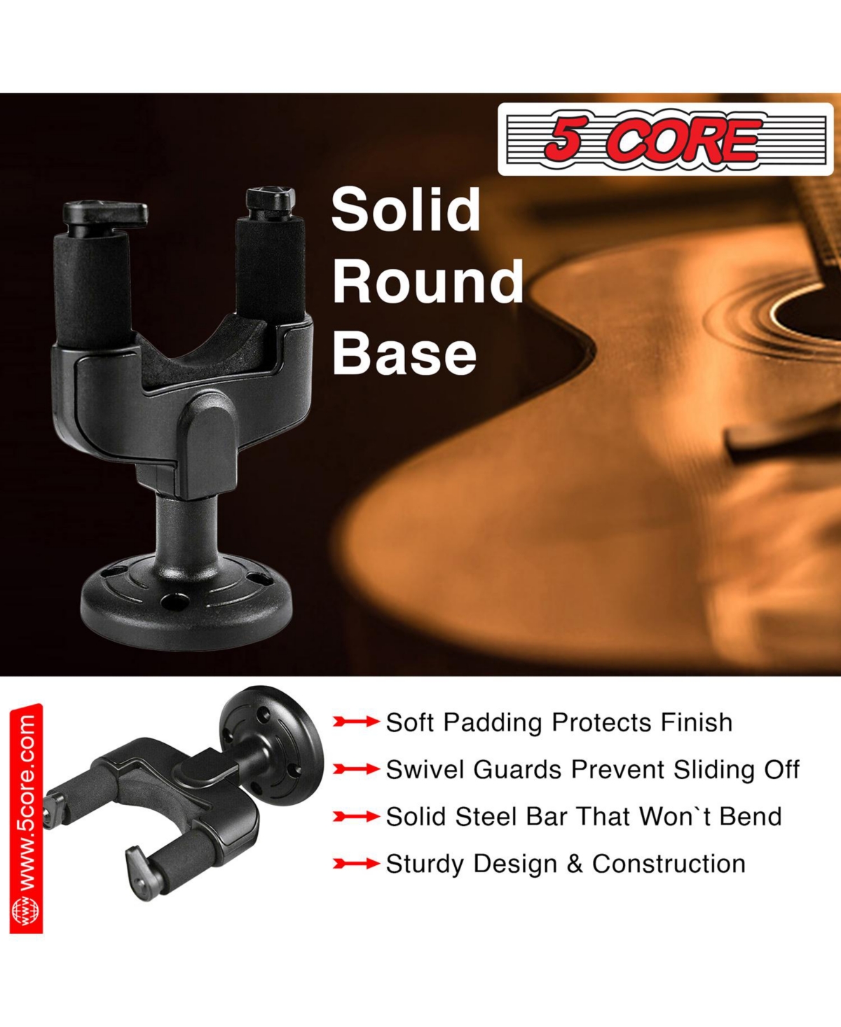 5 Core Guitar Wall Mount Hangers Adjustable Rotatable Display Wall Hook Holder w Soft Padding - 1PC
