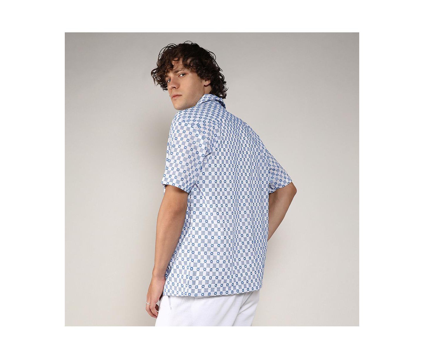 Мужская рубашка Cahoot Campus Sutra Chalk White & Prussian Blue Embroidered Checkered, цвет: Белый — фото 5