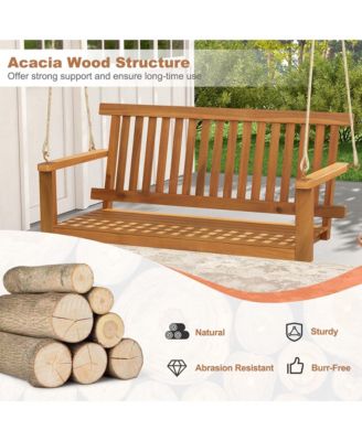 2-Seat Porch Swing Bench Acacia Wood Chair with 2 Hanging Hemp Ropes for Backyard