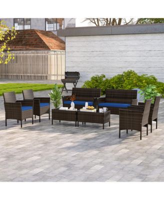 8 PCS Patio Furniture Set with Washable Cushions and Tempered Glass Coffee Table