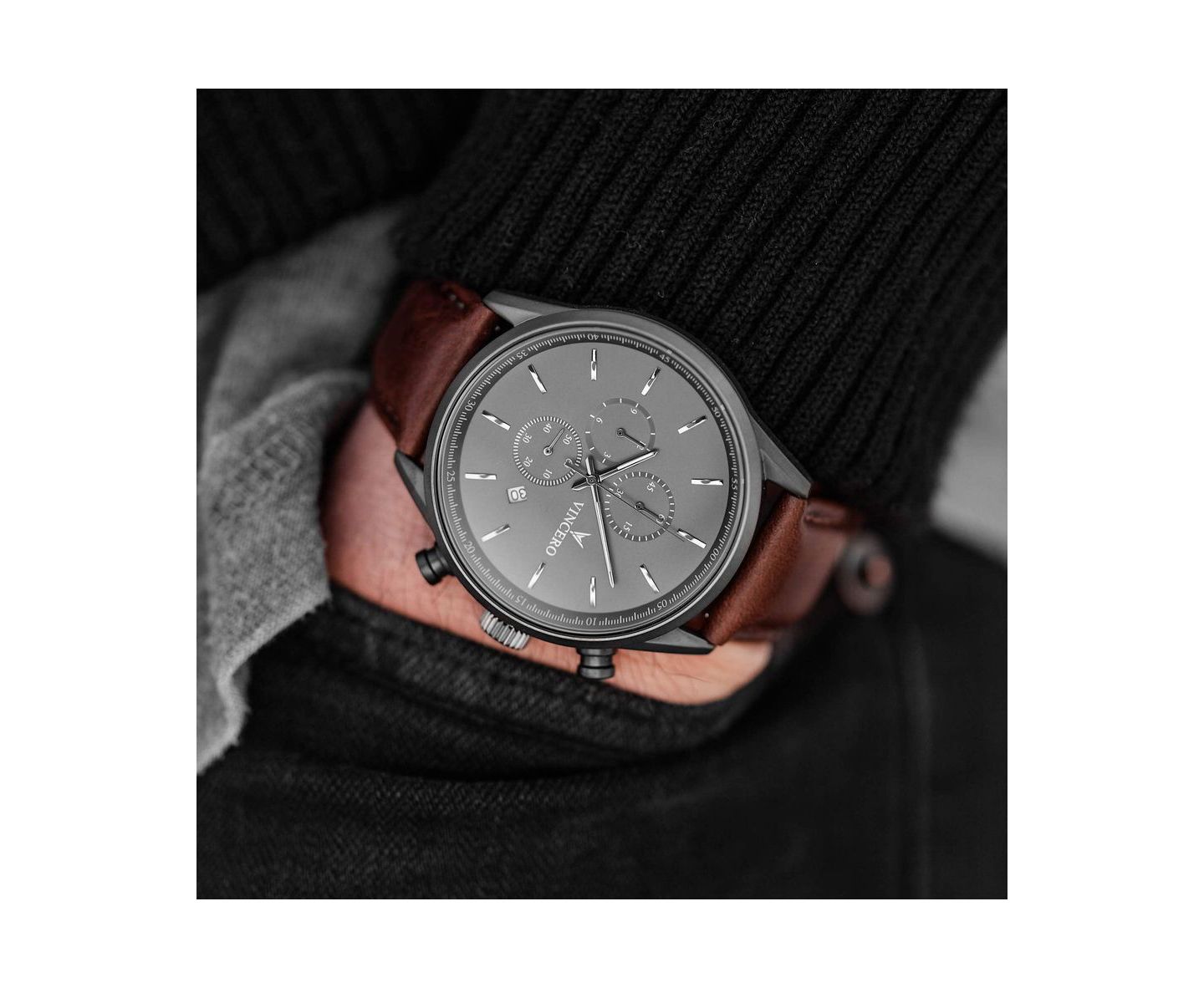 Мужские часы Vincero Chrono S2 Chronograph Brown Leather Strap Watch 43mm, цвет: Графитовый металлик / Орех — фото 3