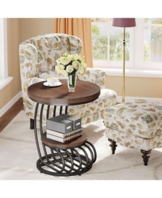 Round End Table: 2 Tiers Faux Marble Side Table with Storage Shelf, Bedside Nightstand, Metal Arc-Shaped Frame Accent Table