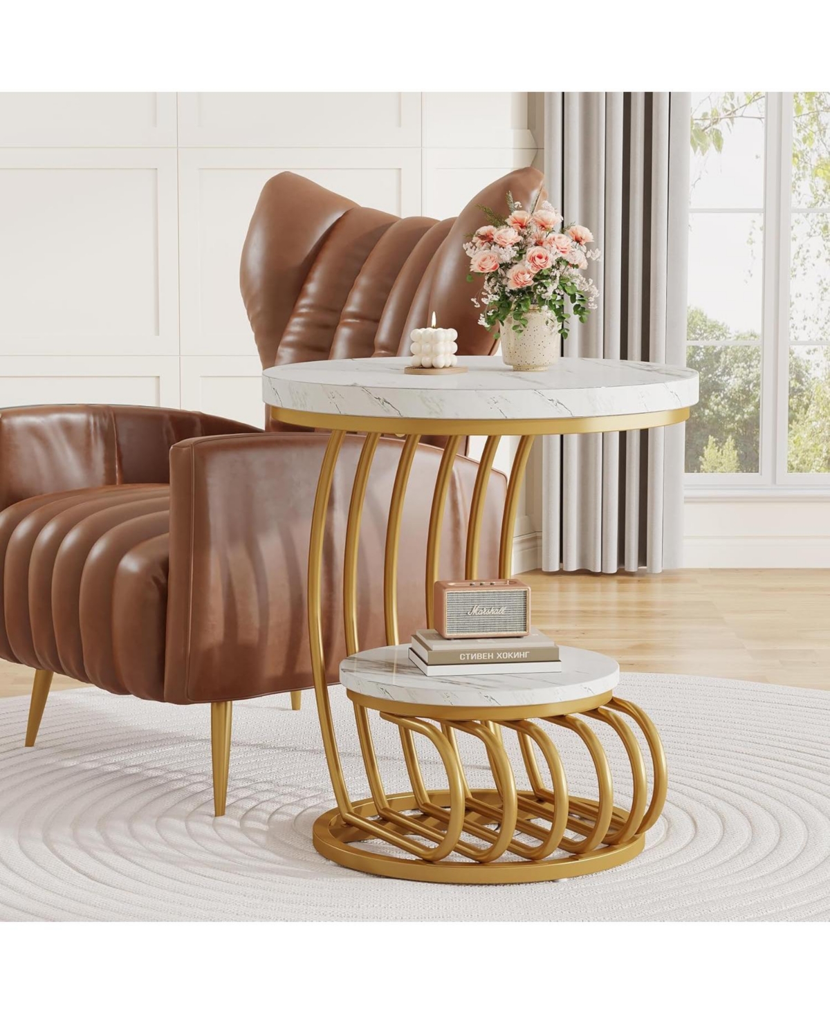 Tribesigns Gold Round End Table: 2 Tiers Side Table Set of 2 with Storage Shelf, Modern White Gold Bedside Nightstand, Metal Faux Marble Accent Table